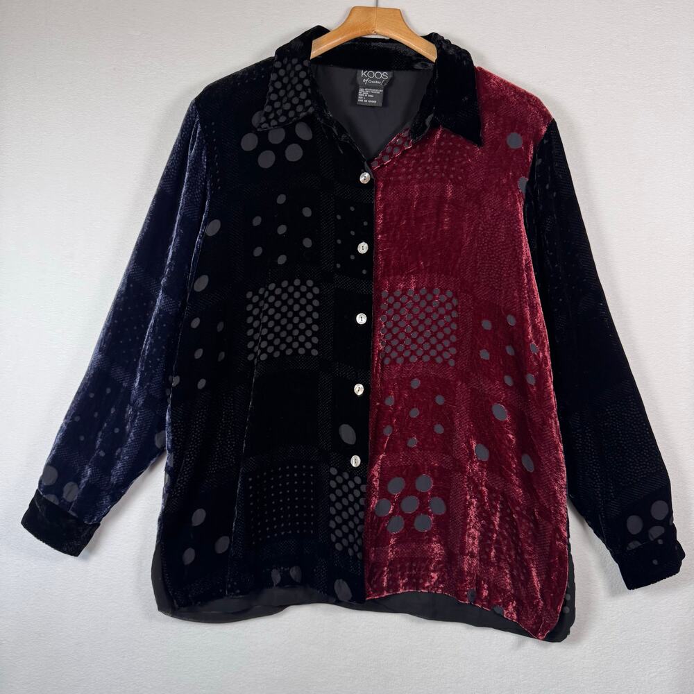VTG Koos of Course! Burn Out Velvet Patchwork Button Up Shirt Retro Goth Large